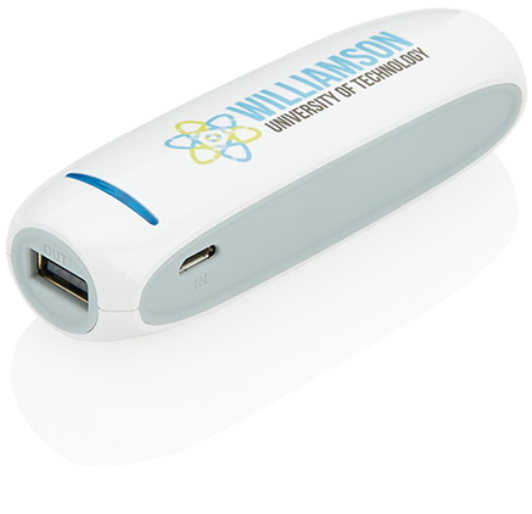 Powerbank Portatile design tondeggiante da 2600 mAh con rivestimento in ABS. Colore: bianco. Personalizzabile con stampa tampografica  fino a 5 colori