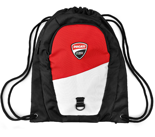 Zainetto Ducati Corse con chiusura a coulisse, 2 tasche a zip con tiralampo dedicato