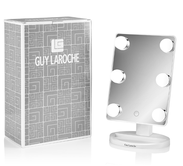 Specchio da tavolo Guy Laroche, prezioso regalo stile Hollywood confezionato in scatola dedicata, con cavo usb e tasto touch-screen