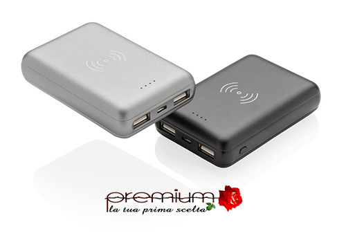 Powerbank tascasbile Wireless 5W e con cavo. Con batteria da 5000 mAh disponibile in argento e nero