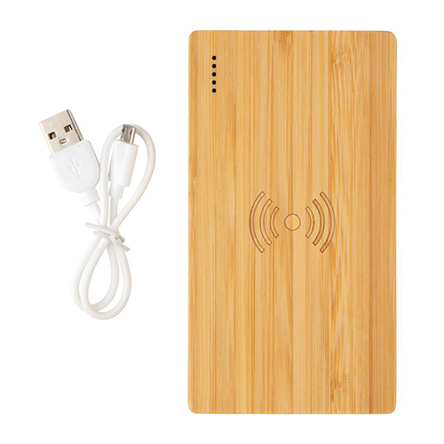 Powerbank Wireless da 4000 mAh rivestita in resistente legno di bambù con spie luminose e doppio ingresso USB