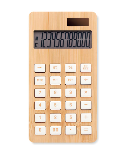 Calcolatrice in bamboo a 12 cifre, con doppia alimentazione in ABS: gadget personalizzabile