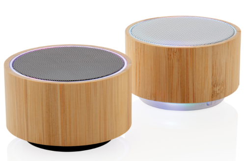Speaker wireless da 3W in bambù con luce d'atmosfera: disponibile in due colori nero e grigio