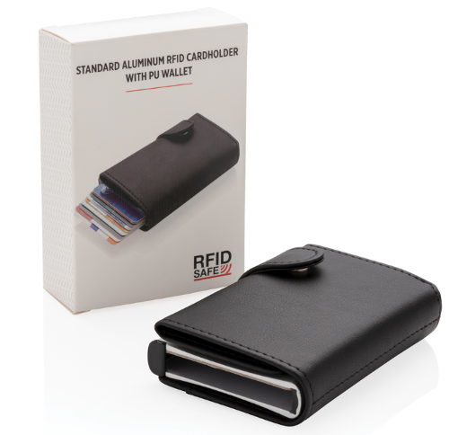 Porta carte RFID in alluminio, con portafoglio in PU: gadget personalizzabile