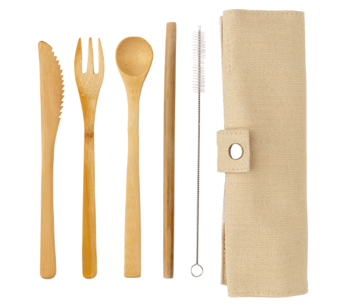 Set posate in bambù portatili in bellissima custodia di tela: cucchiaio, forchetta, coltello, cannuccia e spazzola