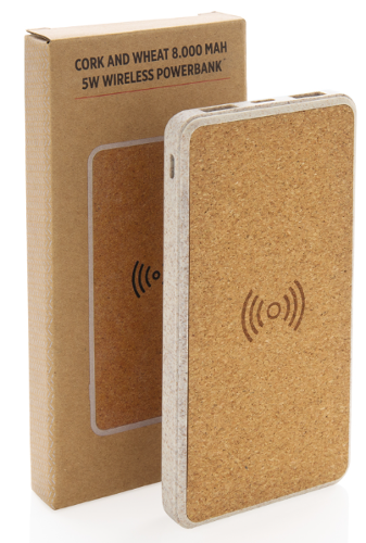 Powerbank wireless in sughero, grano e ABS: da 8000 mAh con caricatore wireless da 5W.