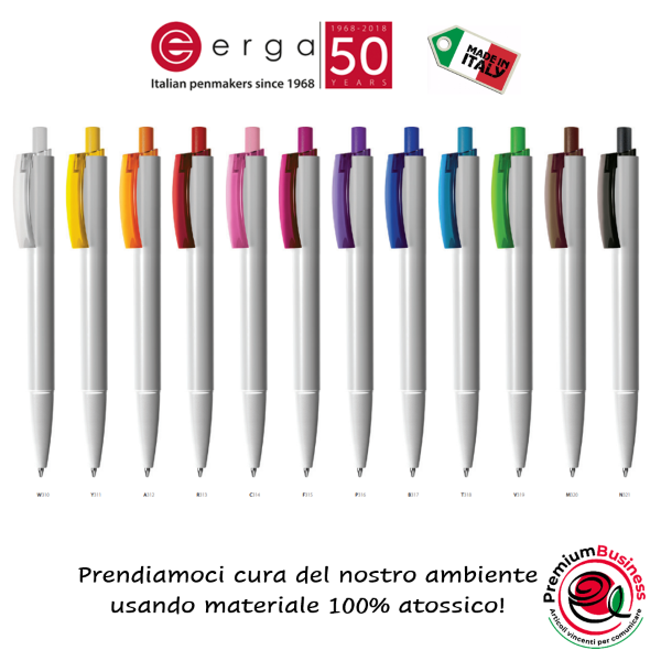 Penna con fusto bianco lucido in ABS atossico e clip trasparente colore a scelta in Terlux atossico