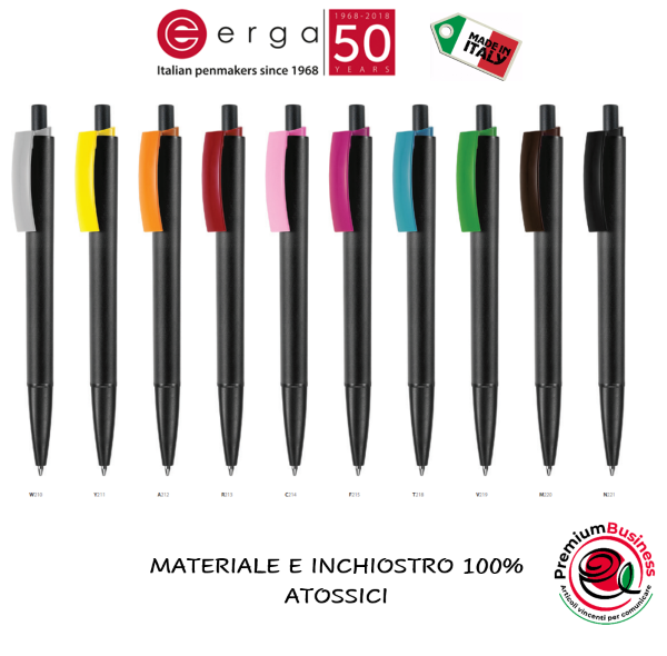 Penna con fusto nero opaco e clip lucida colore a scelta in ABS atossico made in Italy