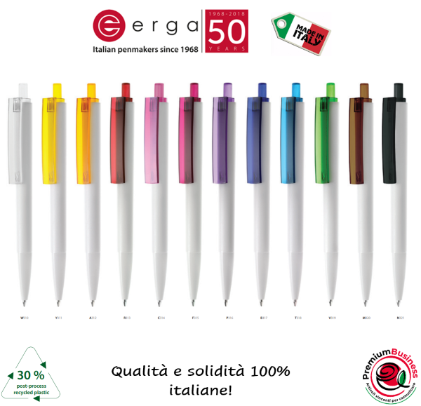 Penna con fusto bianco pieno e clip trasparente colore a scelta made in Italy e personalizzabile