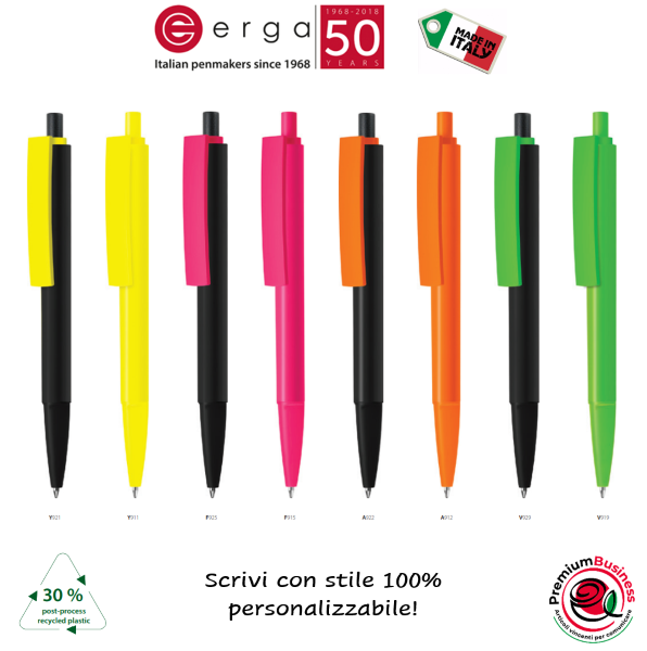 Penna con fusto pieno lucido e clip piena lucida in ABS atossico colori fluo