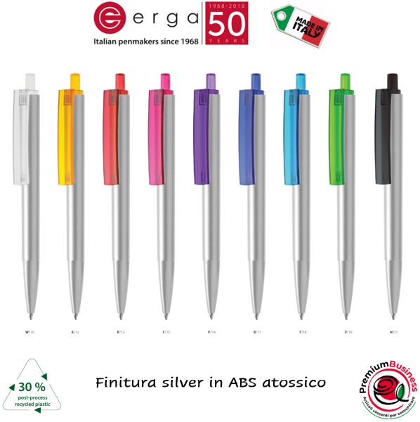 Penna in ABS atossico finitura silver e clip colore a scelta made in Italy