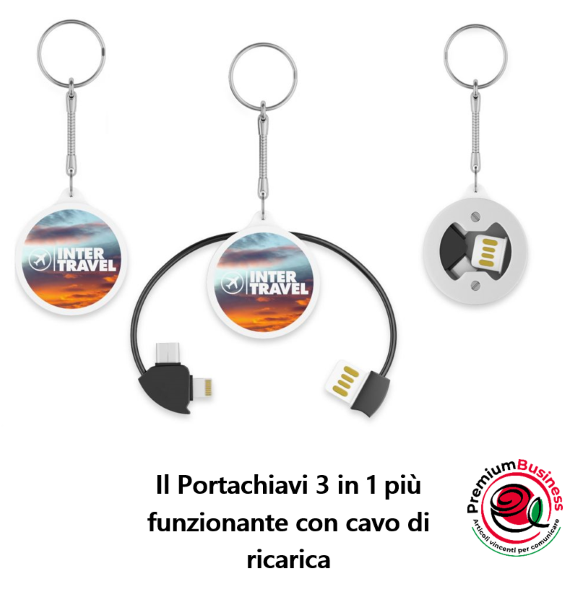 Portachiavi con cavo di ricarica e apribottiglie, 3 in 1, personalizzabile