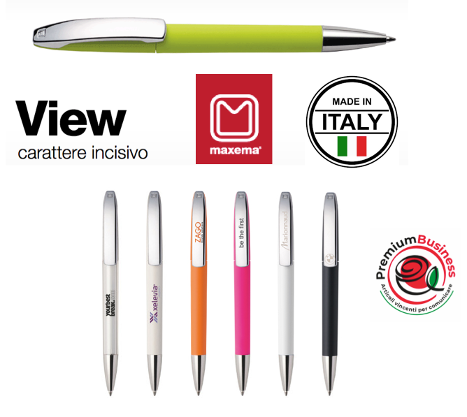 Penna View, con clip in metallo cromato, meccanismo a rotazione, plastica ABS atossica