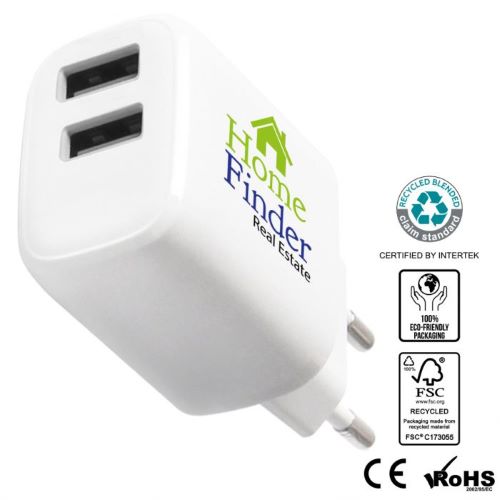 Caricabatterie ecologico con due porte USB in scatola riciclata FSC