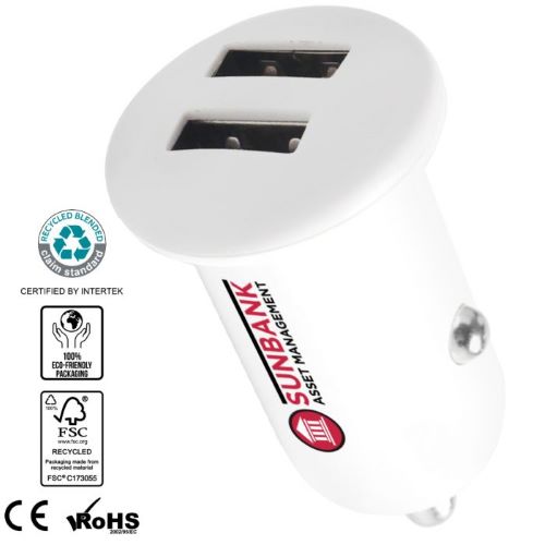 Caricabatterie ecologico per auto con doppia porta USB in scatola riciclata FSC