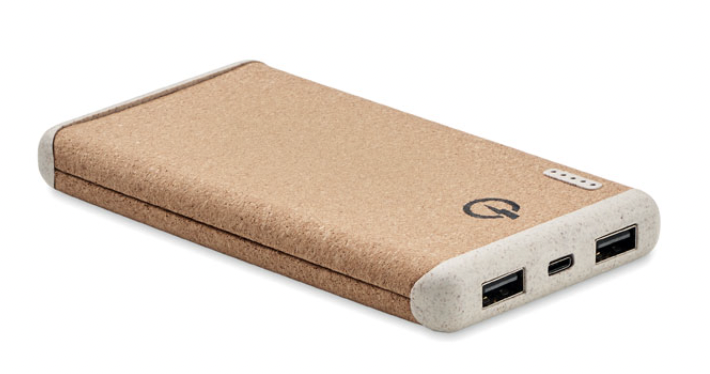 Power bank da 10W e da 10.000 mAh in sughero con cavo di tipo C o ricarica wireless