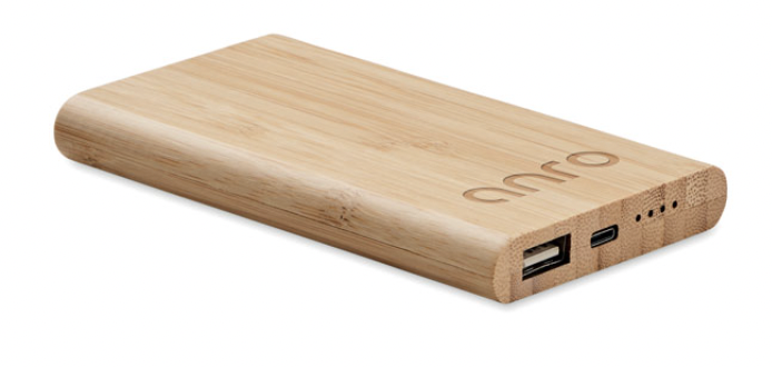 Power Bank da 4000 mAh in bamboo con cavo USB e tipo C