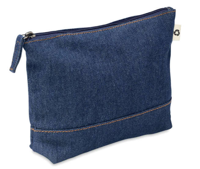 Borsa cosmetica con cerniera realizzata in 50% cotone riciclato tinto denim e 50% cotone