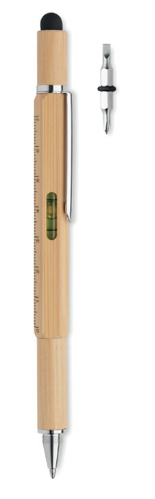 Penna con livella a rotazione in bamboo con righello da 7 cm, stilo e punte per viti con testa a croce e testa piatta