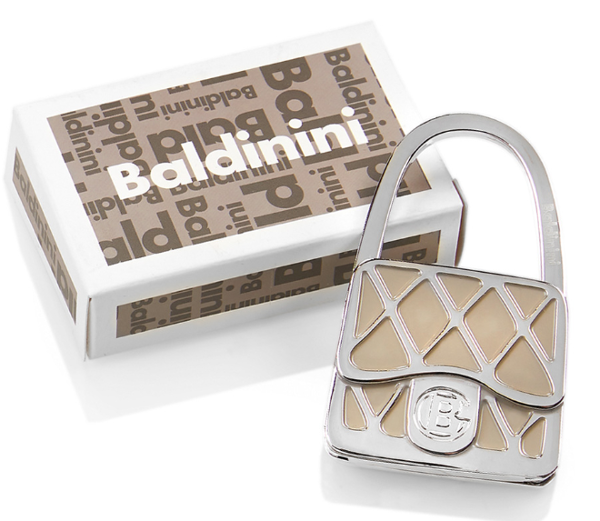 Gancio appendiborsa Baldinini con scatola regalo coordinata, colori: bordeaux e beige. Articolo personalizzabile