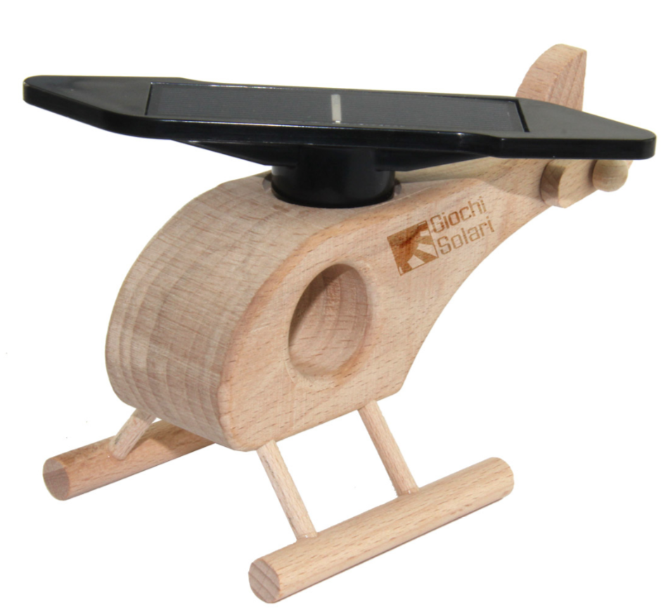 Elicottero di legno massiccio, movimento pale ad energia solare, personalizzabile laser.